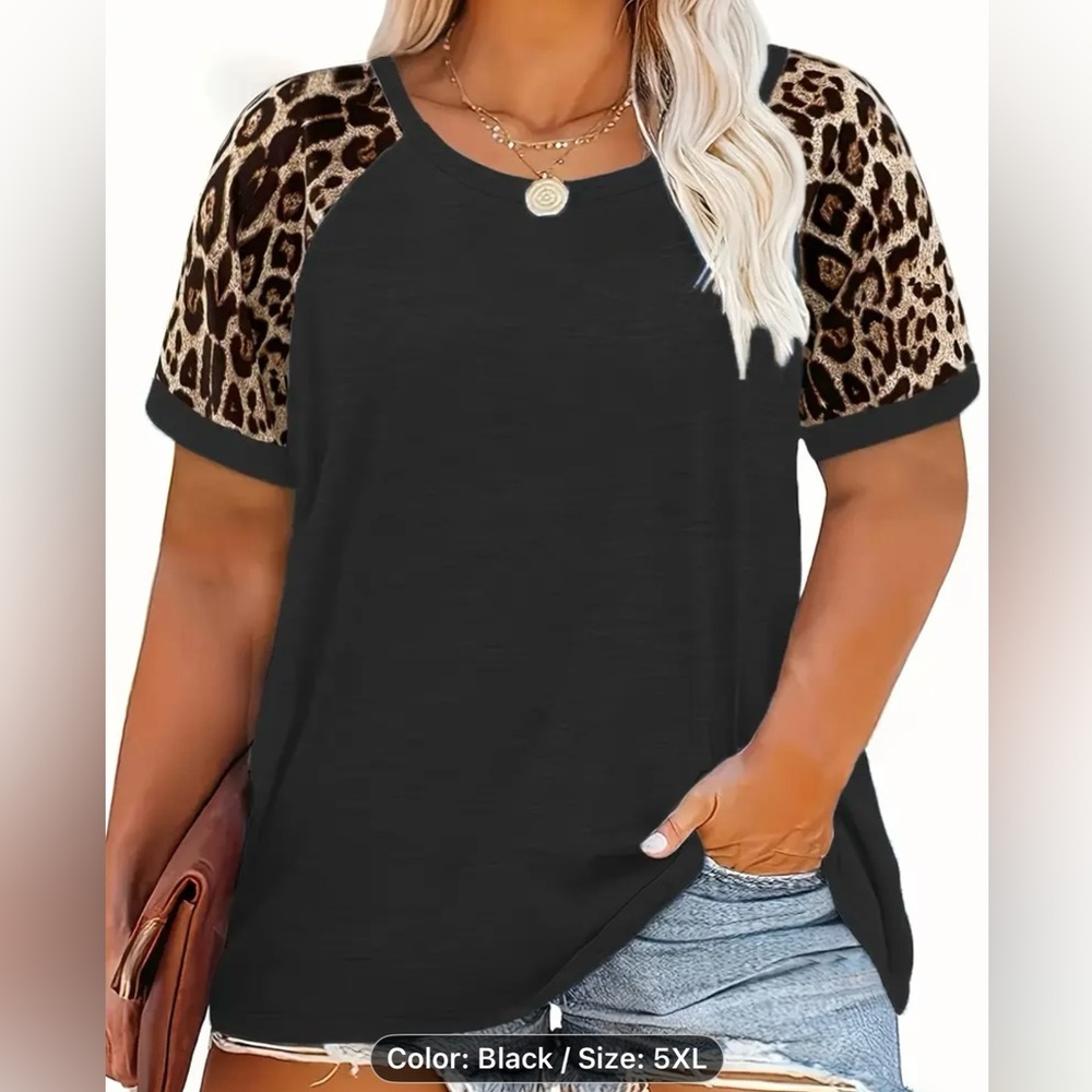 Leopard Print Sleeve Black Top